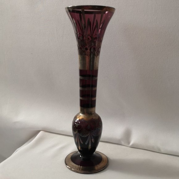 Beautiful Vintage Purple Amethyst Glass Vase w/ Silver Overlay Art Deco Design - Picture 1 of 7